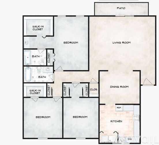 A floor plan of a house with labeled rooms such as Bedroom, Living Room, Kitchen, and Dining Room.