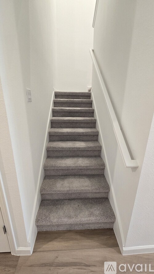 A staircase with a carpeted runner and white walls.
