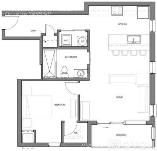 A floor plan of a house with a living room, kitchen, and bathroom.