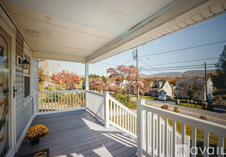 A porch with a view of a street and houses.