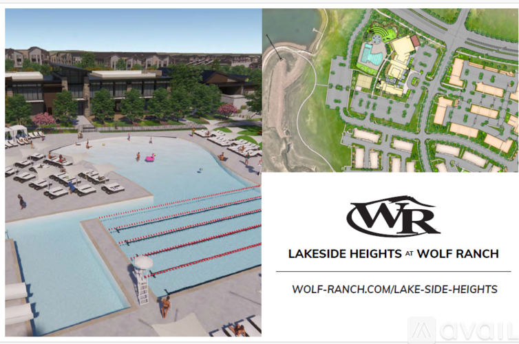 A bird's eye view of a residential area with a swimming pool and a map of the area.