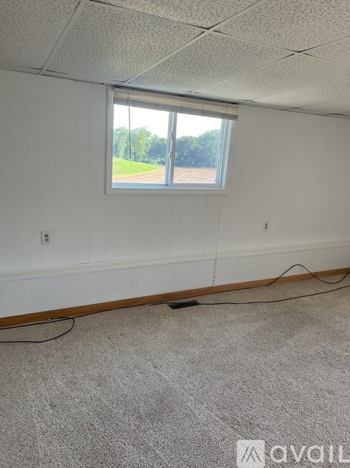 A room with a window and a carpet on the floor.