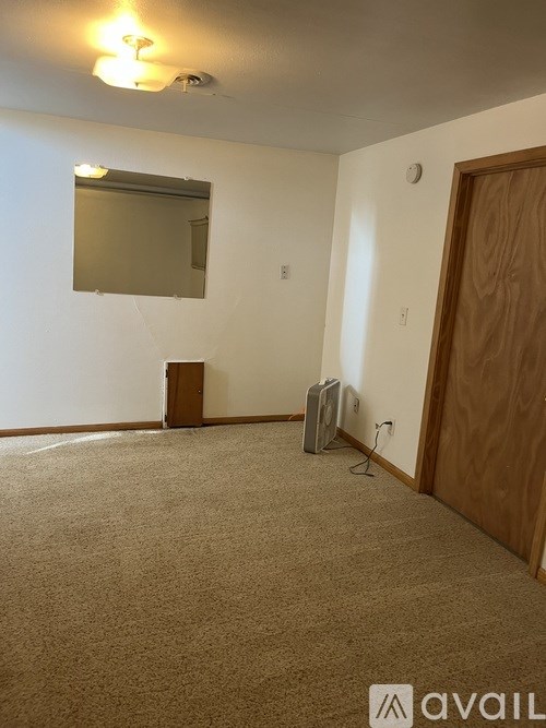 A room with a brown carpet and a brown door.