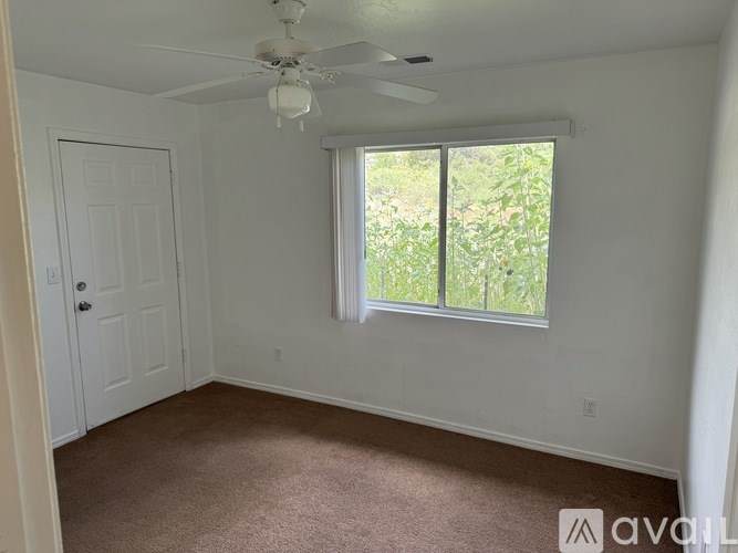 A room with a ceiling fan and a sliding glass door leading to a backyard.