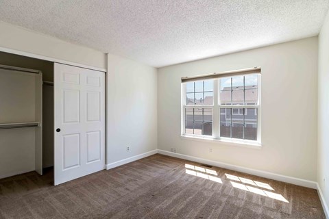 A room with a carpeted floor, a white door, and a window with a view of a building outside.