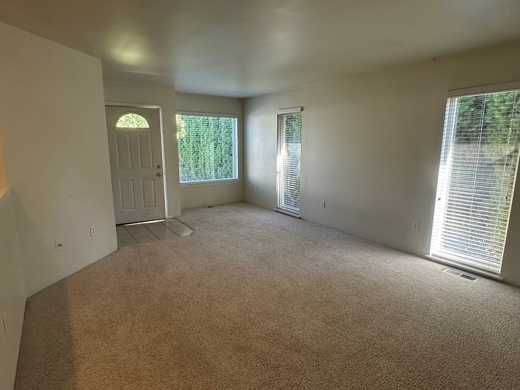 A room with a carpeted floor and a door leading to a garden.