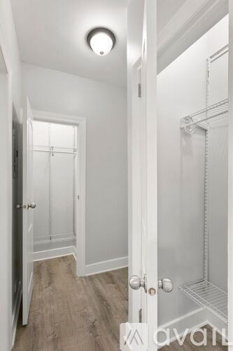 A white door is open to a walk-in closet.