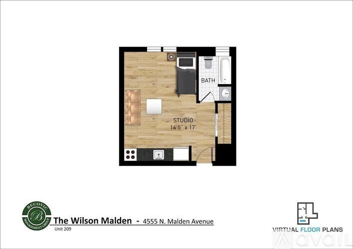 A floor plan of a studio apartment at The Wilson Malden.