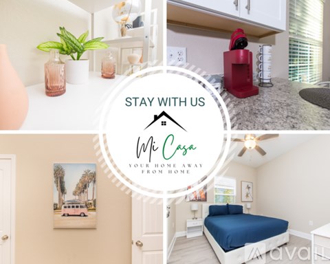 A collage of a cozy bedroom with a sign that says "STAY WITH US" and "Mi Casa" in the middle.
