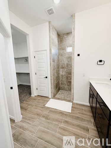 A bathroom with a walk in shower and a sink.