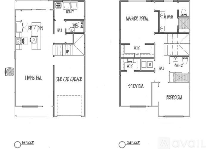A floor plan of a two-story home with a living room, one car garage, a study room, and a bedroom on the second floor.