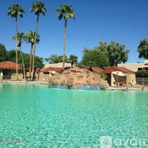 A pool surrounded by palm trees and a rocky outcrop.
