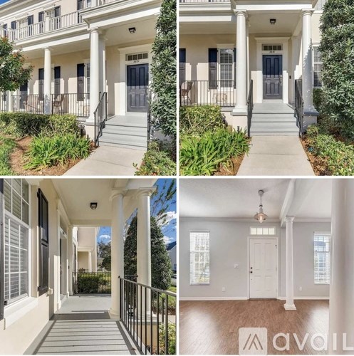 Four pictures of a white house with black railings and a black door.