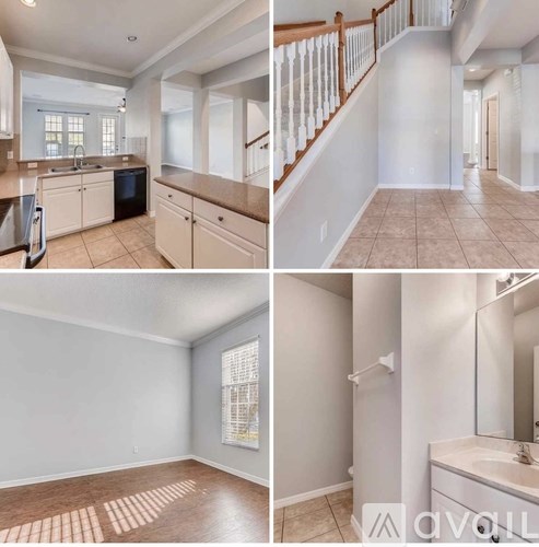 Four images of a house interior, including a kitchen, a hallway, a bedroom, and a bathroom.