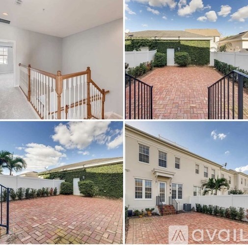 Four images of a house with a white exterior and a brick patio.