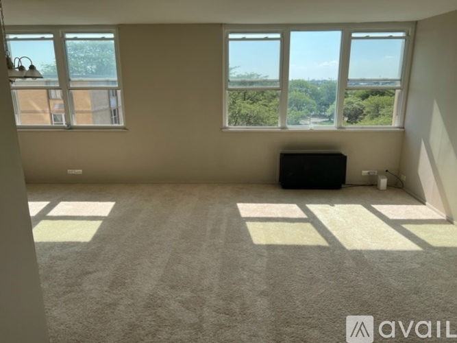 A room with a carpeted floor and large windows.
