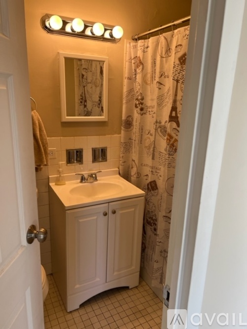 A bathroom with a white sink and a shower curtain with a pattern.