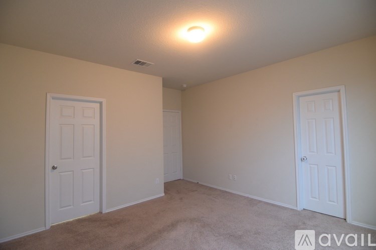 A room with two doors and a carpeted floor.