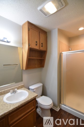 A bathroom with a toilet, sink, and wooden cabinets.