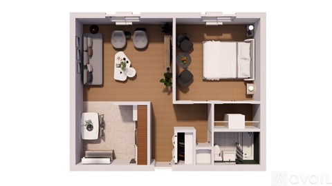 A floor plan of a small apartment with a kitchen, living room, and bathroom.