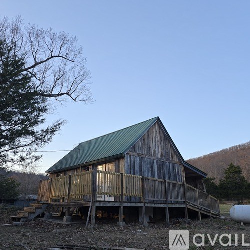 A wooden building with a green roof is surrounded by trees.