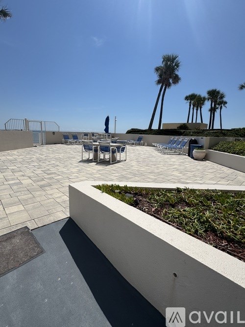A sunny day at the outdoor seating area with palm trees in the background.