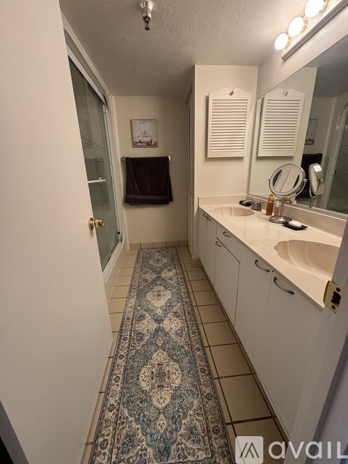 A bathroom with a rug on the floor and a mirror above the sink.