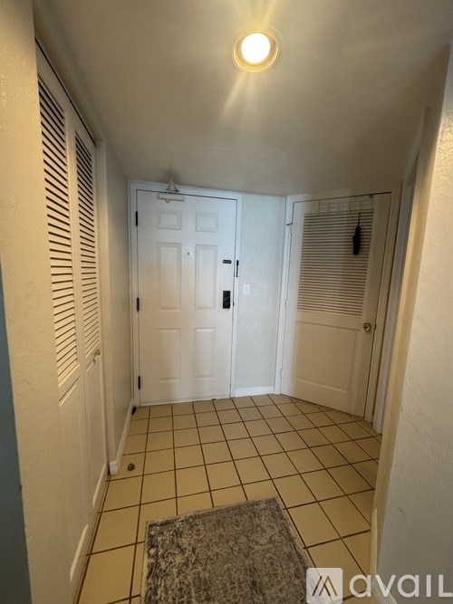 A hallway with a rug on the floor and a door at the end.