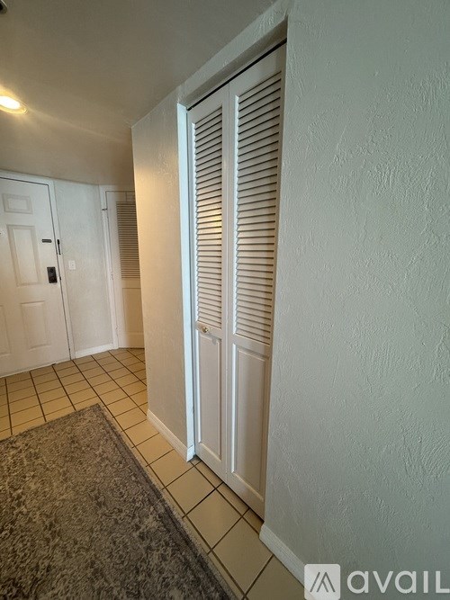A hallway with a rug and a white door with shutters.