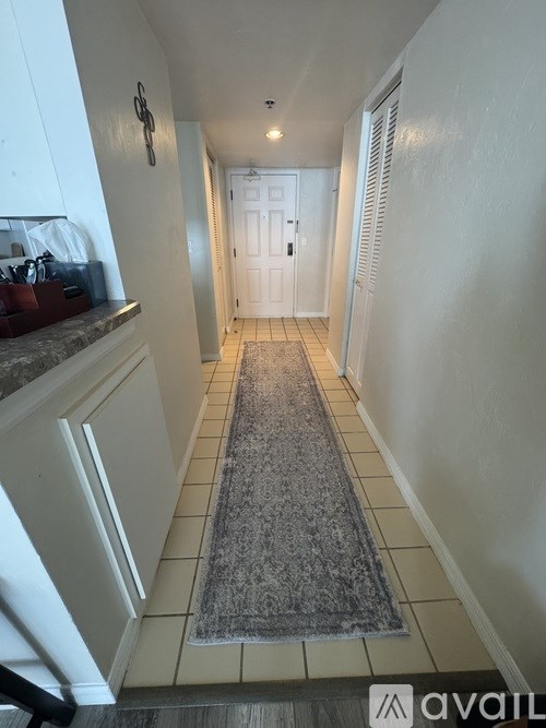 A hallway with a rug on the floor and a door at the end.