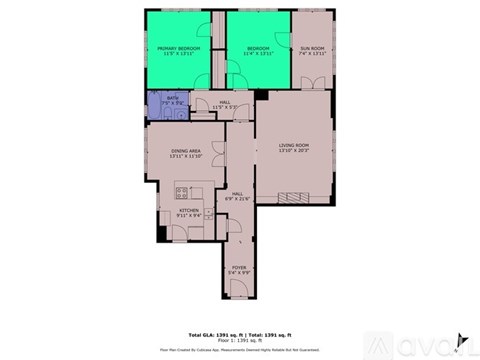 A floor plan of a house with a primary bedroom, living room, kitchen, and bathroom.