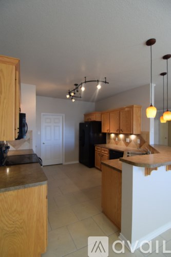 A kitchen with wooden cabinets and a counter.