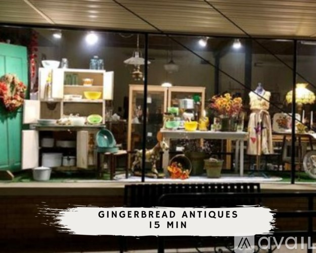 A storefront with the sign "GINGERBREAD ANTIQUES" is visible.