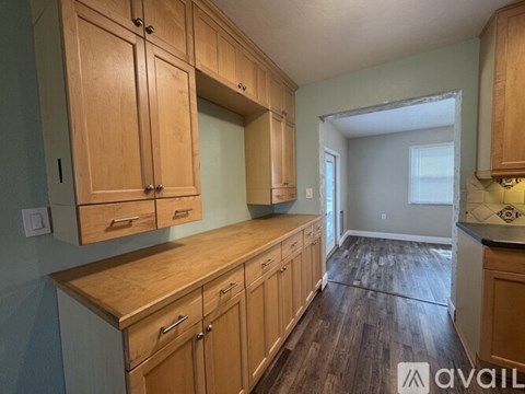 A kitchen with wooden cabinets and a countertop.