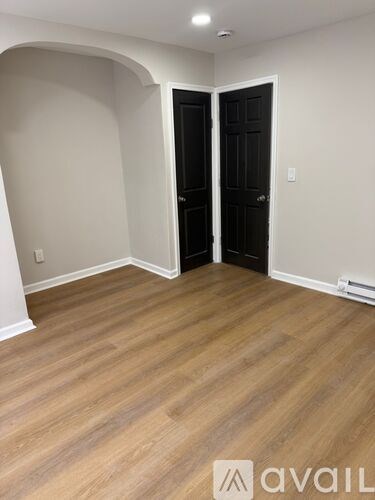A room with wooden flooring and two black doors.