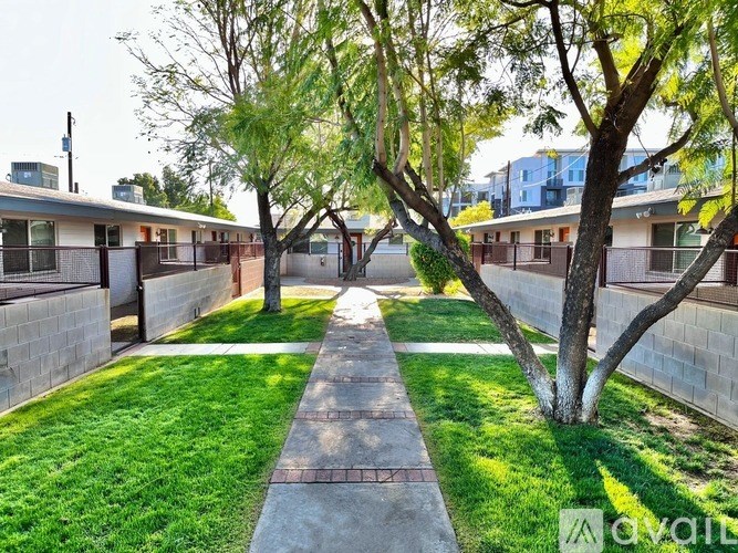 A tree-lined walkway leads to a building.