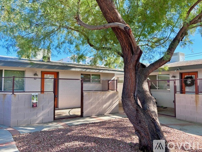 A tree in front of a building with a fence and a fire hydrant.