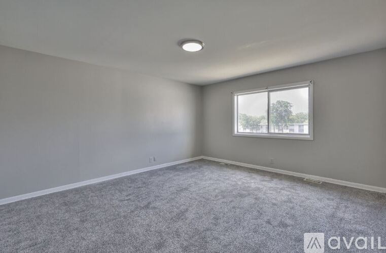 A room with grey carpet and a window showing trees outside.