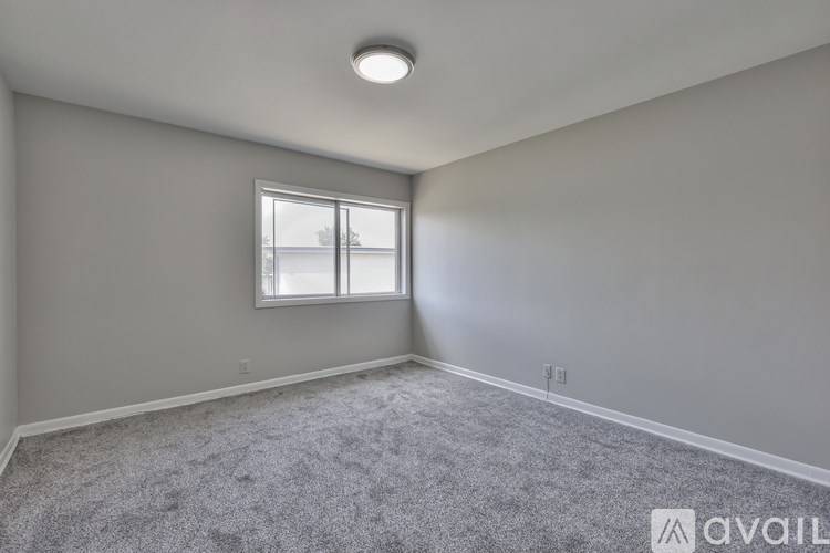 A room with a carpeted floor and a window.