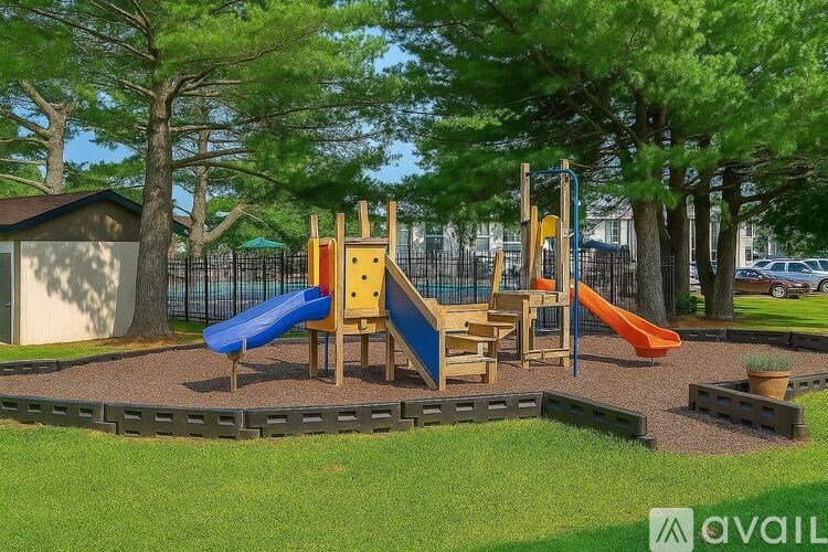 A wooden pergola over a patio with tables and a pool in the background.