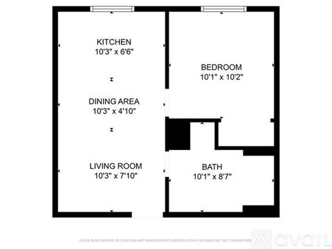 A floor plan for a home with a kitchen, dining area, living room, bedroom, and bathroom.