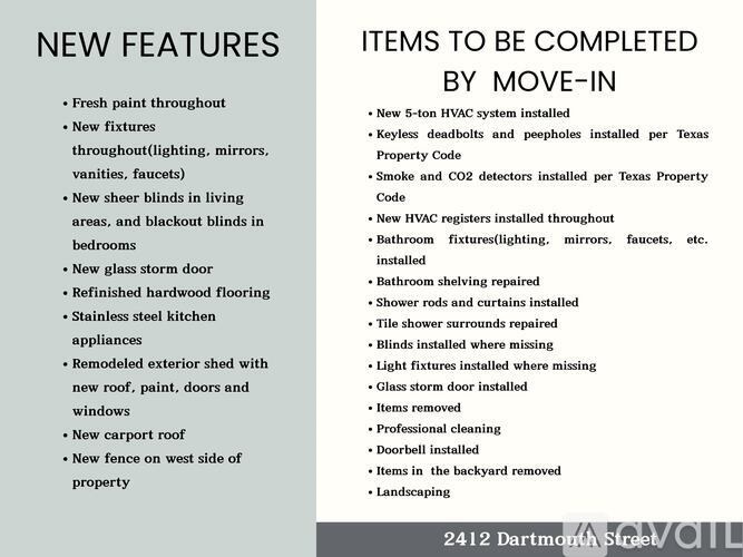 A document lists new features and items to be completed by move-in.