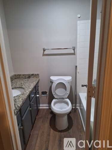 A white toilet in a small bathroom with a marble counter top.