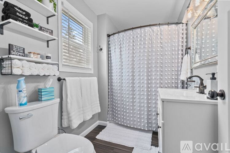 A bathroom with a white toilet, a white sink, and a shower curtain.