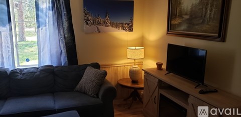 A living room with a grey couch, a television, a lamp, and a painting on the wall.