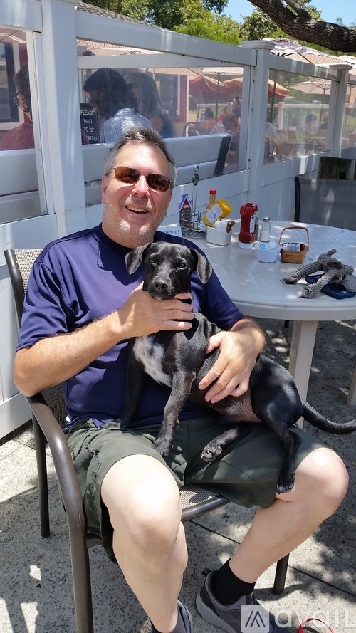 A man in a blue shirt is sitting on a chair holding a black dog.