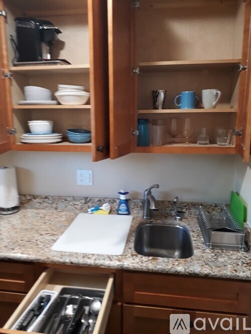 A kitchen with a sink, counter, and open cabinets.