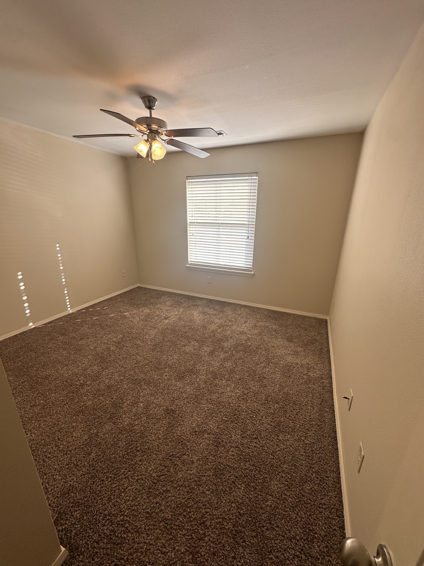 A room with a ceiling fan and carpeted floor.