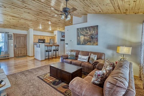 A living room with a brown couch and a wooden ceiling.