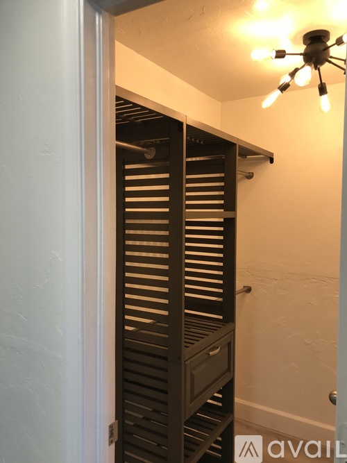 A wooden closet with a light on the ceiling.
